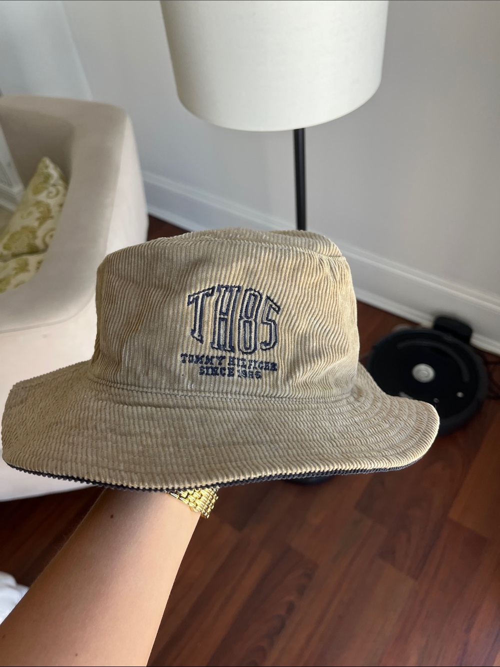 Tommy Hilfiger Tan Corduroy Bucket Hat with Navy Embroidery